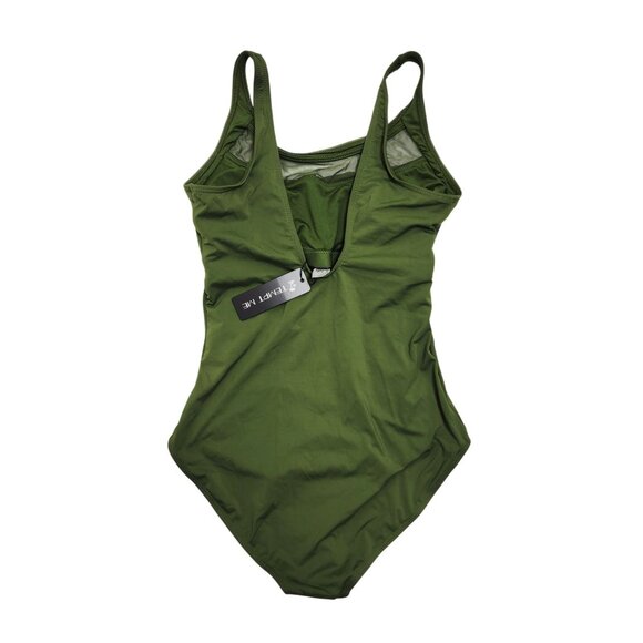 Green One-Piece Ruched Swimsuit  Mesh Inserts By Tempt Me Size S Womens - Picture 2 of 7